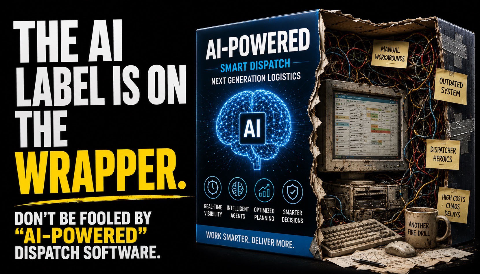The AI label is on the wrapper — illustration of an "AI-Powered Smart Dispatch" box concealing an outdated dispatch system with manual workarounds and dispatcher heroics