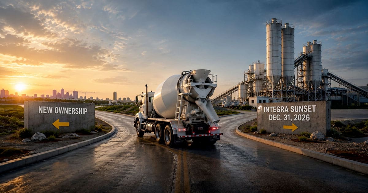 Ready-mix concrete truck at a fork in the road between New Ownership and Integra Sunset Dec. 31, 2026 signs at a batch plant at sunset