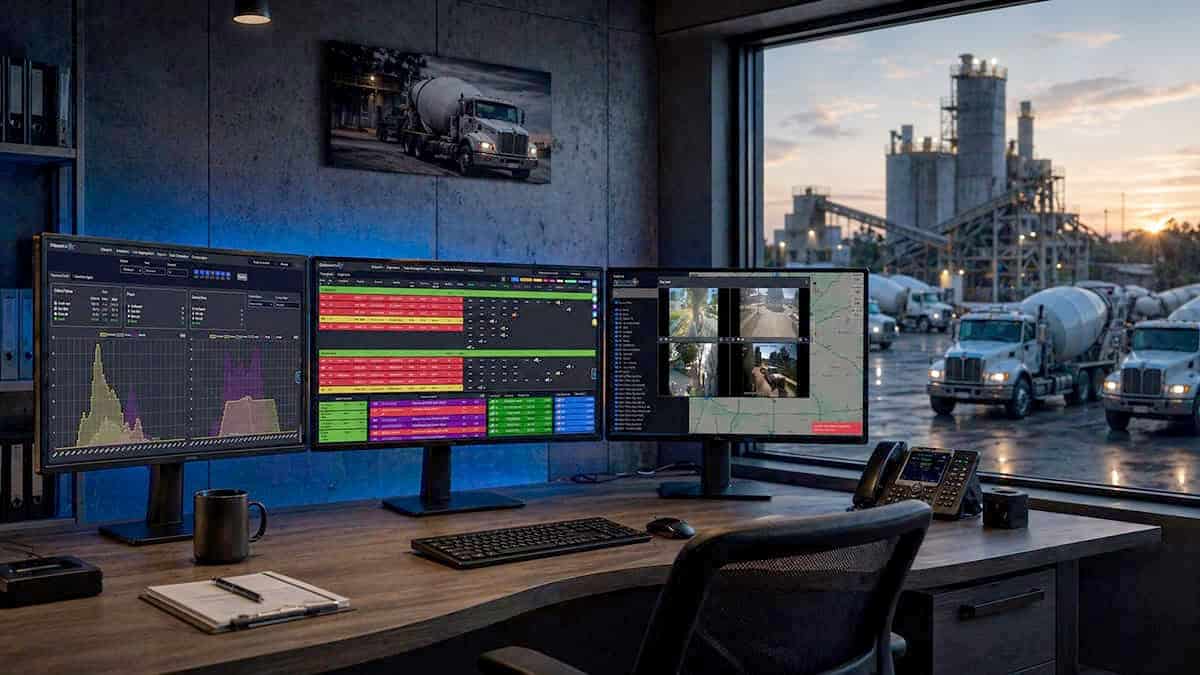 Dispatch360 ready-mix dispatch software dashboard showing fleet tracking, dispatch board, and video surveillance on three monitors