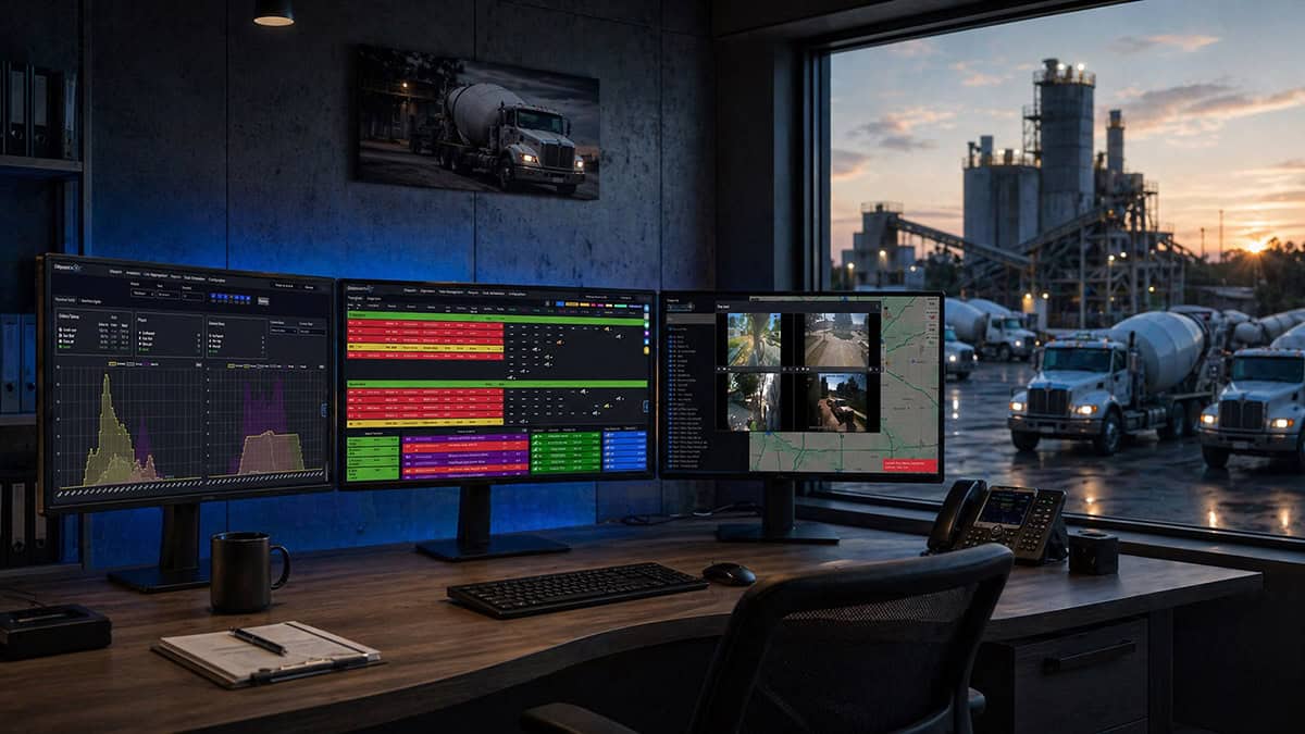 Dispatch360 ready-mix dispatch software dashboard showing fleet tracking, dispatch board, and video surveillance on three monitors