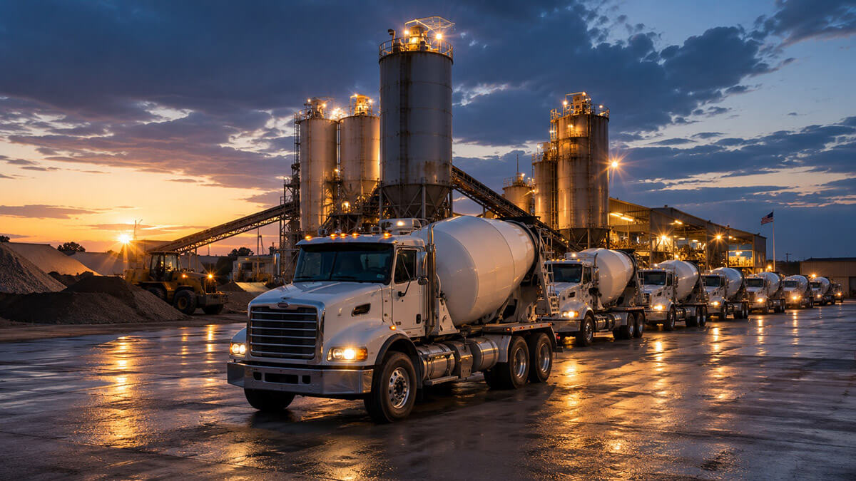 Enterprise ready mix dispatch software managing a high-volume fleet of mixer trucks across a multi-plant batching operation at dusk