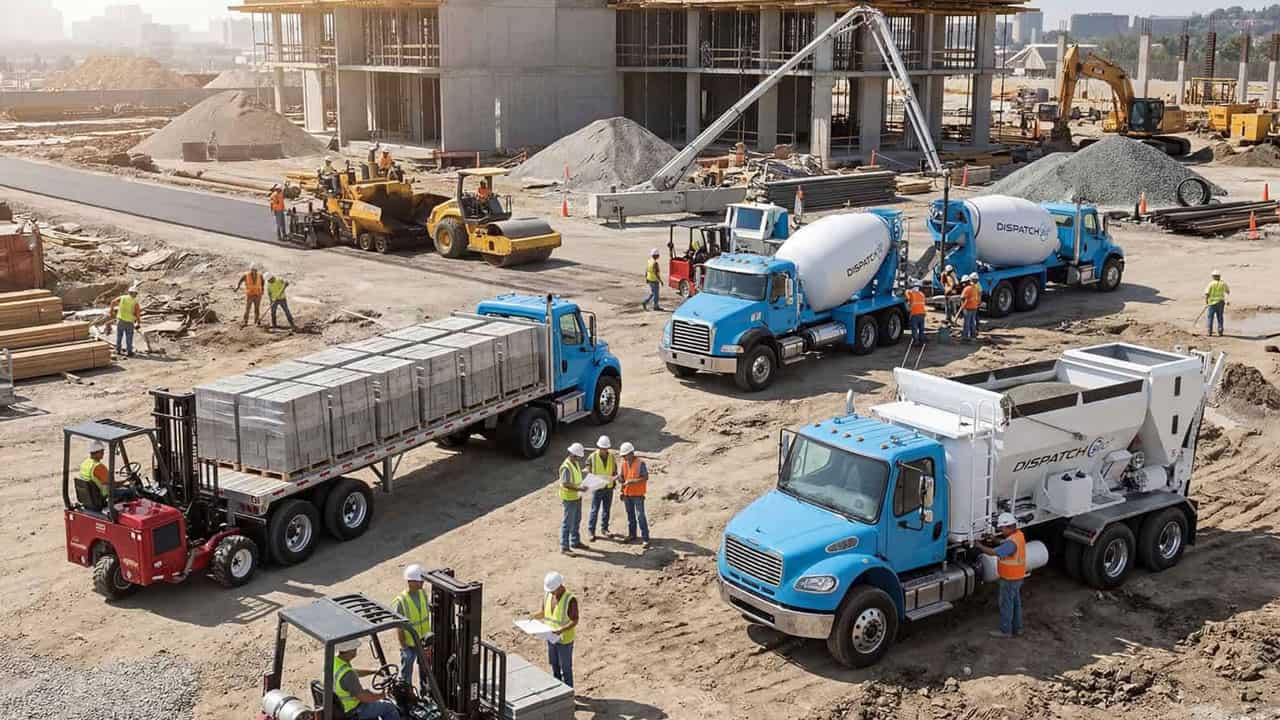 Dispatch360 platform commercial showing dispatch operations for concrete, aggregate, and paving fleets